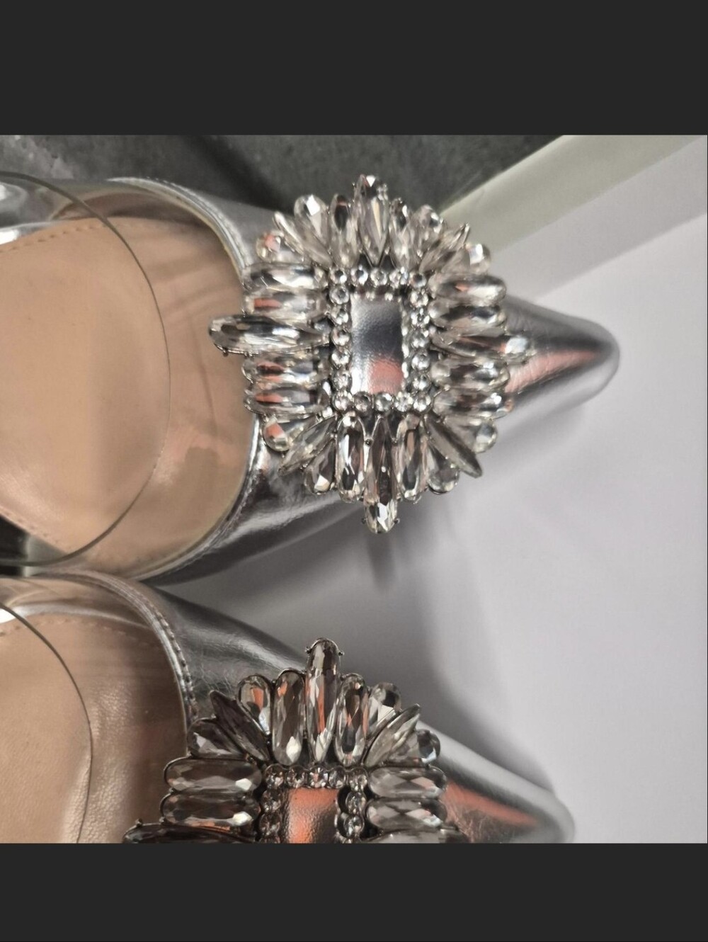 Fashion Nova Silver Pointed-Toe Pumps with Crystal Brooch